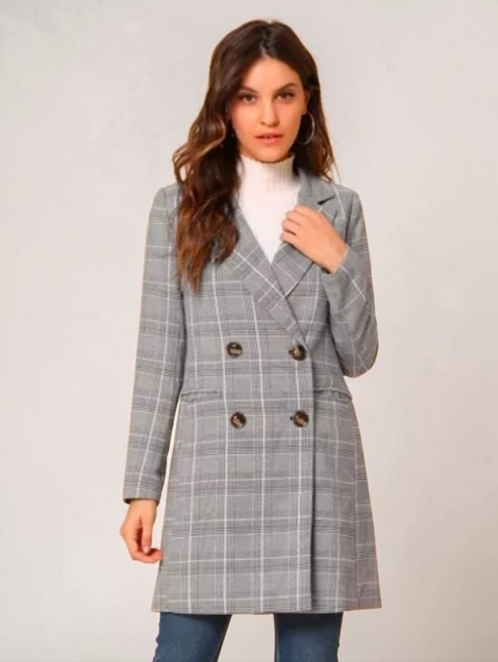 Allegra K Black & White Double-Breasted Plaid Overcoat Trench Blazer Lg